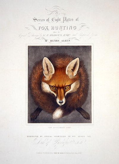 Titelseite aus A Series of Eight Plates of Fox Hunting, gewidmet dem Duke of Beaufort, graviert von Henry Alken, 1833 von Walter Parry after Hodges